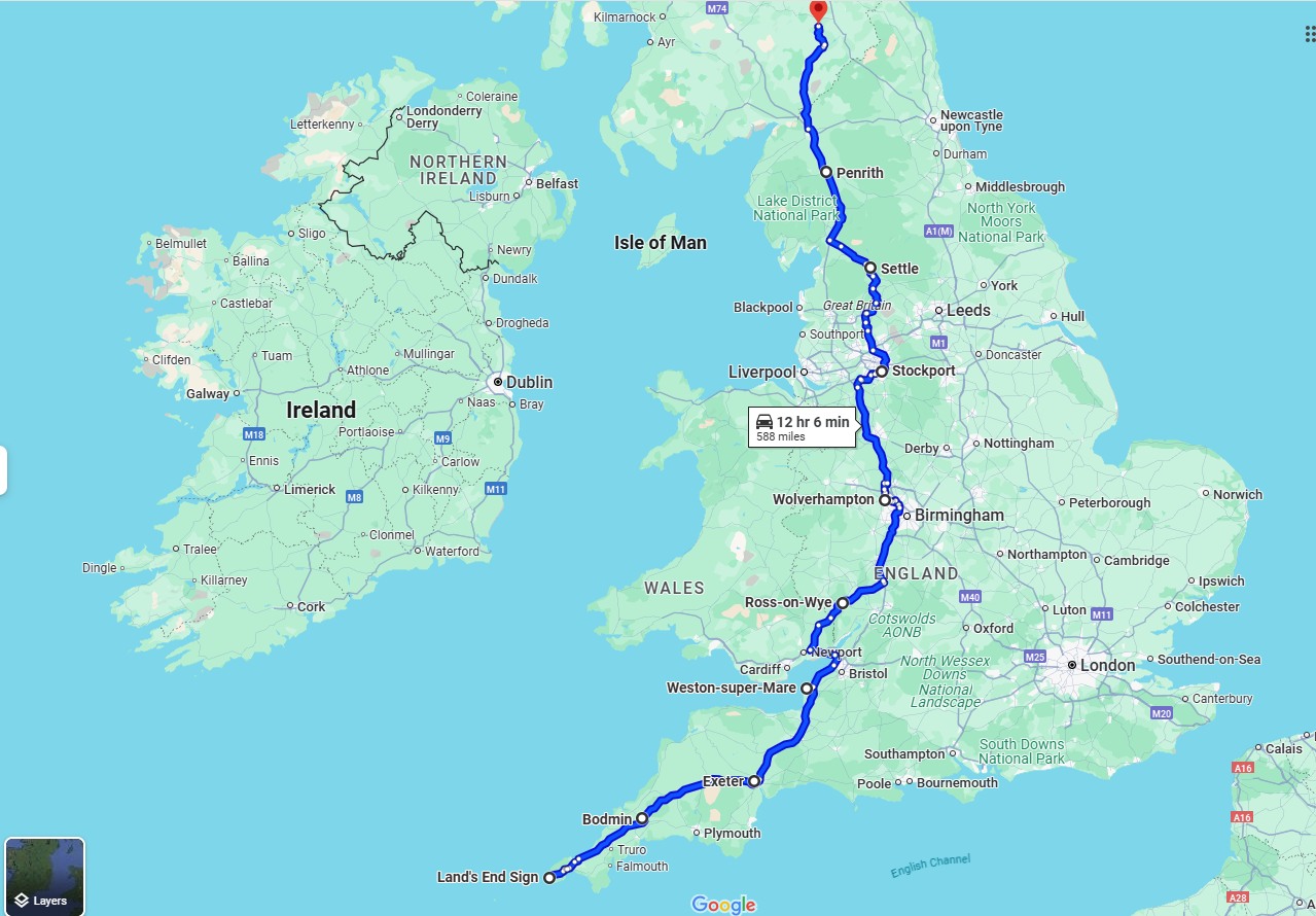 Tony's charity bike ride route (South)